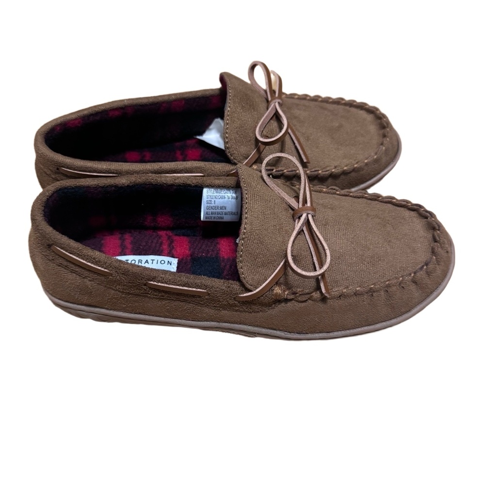 NWT RESTORATION Mens Moccasin Lodge Slipper Faux Suede Plaid Lining Brown Tan